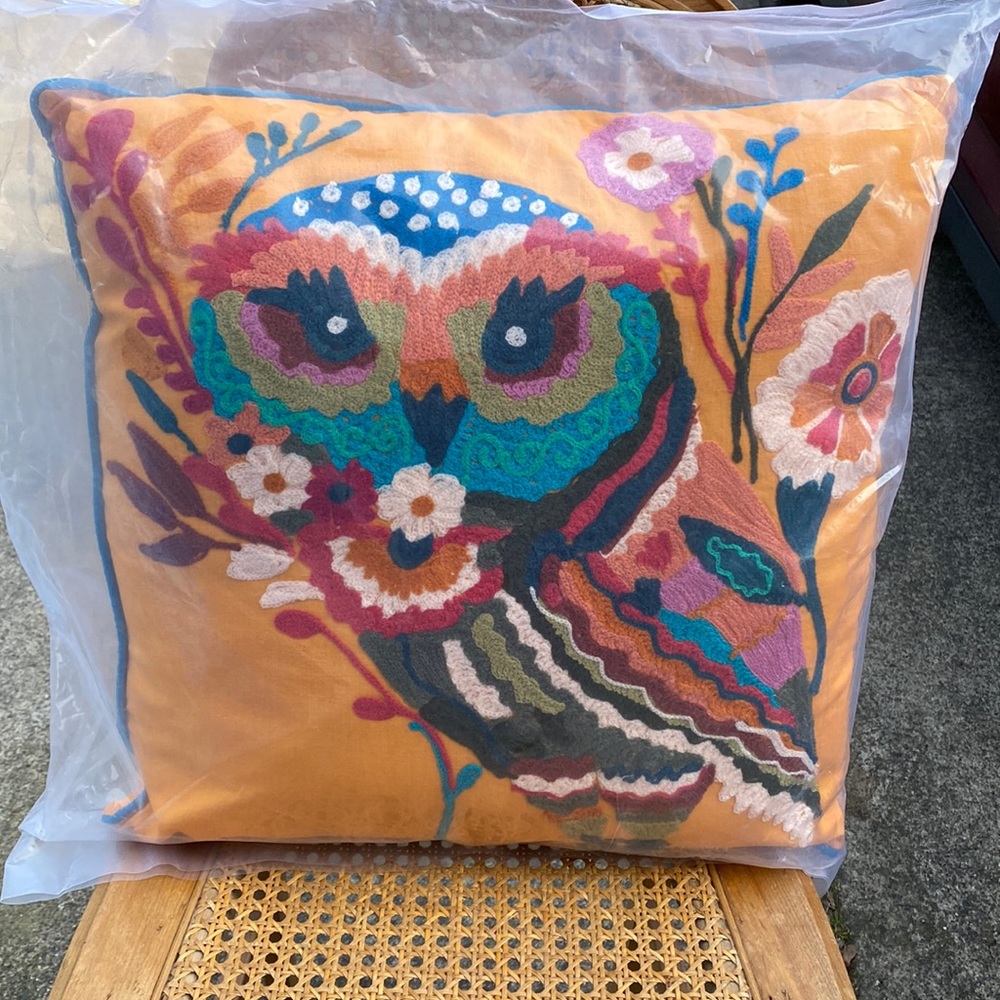 Embroidered Owl Throw Pillow 18" Square Karma Living Brand